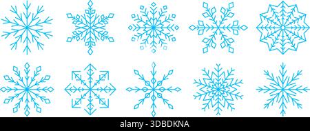 Lineare Schneeflocken-Kollektion in Hellblau. Einfache Schneeflocke Set für Weihnachten und Happy New Year Dekor, Winterferien Dekoration, Grußkarte, Logo, Icon, Designelemente. Vektor-Illustration Stock Vektor