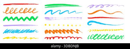 Bunte handgezeichnete Pinselstriche und Unterstreichungen. Strukturierte Kreidebleistiftmarken, Kreidekreide, Kreidefarbinen. Pinselstrich mit Buntstift-Textur, raue Hervorhebungsformen. Vektorabbildung Stock Vektor