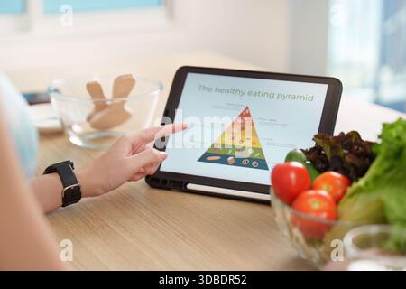 Gesunde Ernährung Pyramide auf Tablette. Eine Person, die Ernährungsrichtlinien für eine ausgewogene Ernährung erforscht. Stockfoto