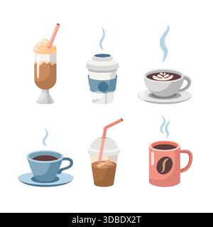 Verschiedene Tassen mit duftendem Heißgetränk-Set. Kaffee, Teetassen, Glas, Papierglas, Cocktail. Vektorsammlung. Flaches Design. Stock Vektor