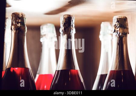 Nahaufnahme von Rose Champagne Flaschen auf Holzregal Stockfoto