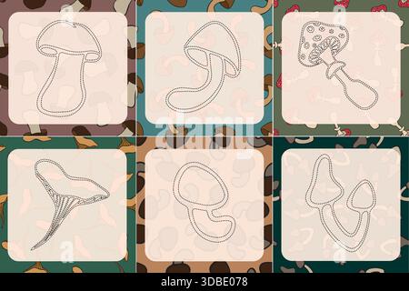 Vektorisolierte Illustration einer Übung zur Entwicklung von Schreibfähigkeiten. Aufgabe für Vorschulkinder, Pilze zu verfolgen. Stock Vektor