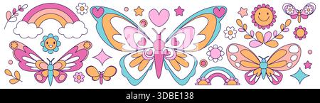 Groovige Schmetterlings- und Blumengrafik mit Regenbogen und Wolken – Retro-Vektorelemente im Vintage-Stil. Fröhlich lächelnde Blüten, Herzen und Sterne in Pastellfarben nostalgischer Siebziger-Jahre-Ästhetik. Stock Vektor