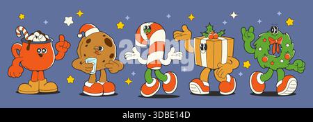 Retro-groovige Cartoon-Weihnachtsfiguren mit lustigem Stickerstil - Kakaobecher und Kekse, Zuckerrohr, Geschenkbox und Weihnachtskranz-Maskottchen. Weihnachten Winter in leuchtenden Farben für festliches Design. Stock Vektor