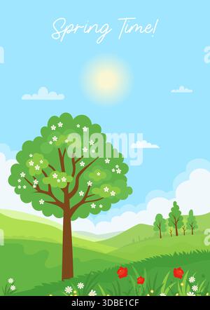 Frühlingszeit. Sonnige Landschaft mit blühenden Bäumen, Gras und blühenden Wildblumen Roter Mohn und Weißer Kamille. Saisonale Natur vertikales Poster Backgr Stock Vektor