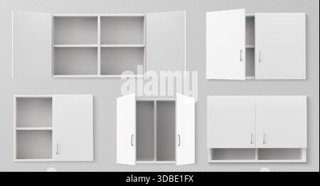 Weiße Küchenschrank Möbel Set mit offenen Türen und Regalfächern isoliert auf Hintergrund. Verschiedene modulare Staufächer im minimalistischen Stil für die Innenarchitektur. Leere Schrankelemente. Stock Vektor