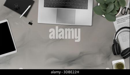 Bürotisch, Draufsicht mit Laptop und Tablet, Notebook und Zubehör für den Arbeitsplatz. Marmoroberfläche mit Kopfhörern, Topf und Schreibwaren. Professionelle Geschäftsumgebung für Produktivität. Stock Vektor