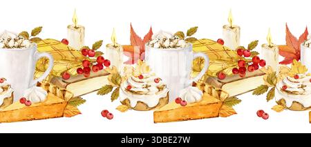 Nahtloses horizontales Muster. Eine Scheibe Kürbiskuchen, Zimtrollen und Kakao mit Marshmallows und Zimt. Ein Buch und eine karierte Decke. Aquarellillustration Herbstbacken für Thanksgiving Stockfoto