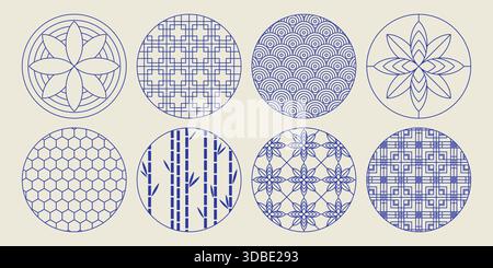 Runde Rahmen mit japanischem Muster. Vektor-Illustration von Kreissymbolen mit blauer Linienblume, Bambus und abstrakten geometrischen Texturen, traditionellem asiatischem Ornament, Vintage-Textil, Banner, Logo-Design Stock Vektor