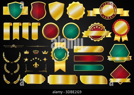 Luxuriöse goldene leere Etiketten. Verschiedene Formen: Premium-Abzeichen und -Aufkleber, Vintage-Designelemente, Premium Limited Tags, Kronen und Bänder, leer Stock Vektor