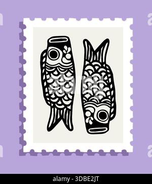Schwarze japanische Art Koinobori Fisch Illustration auf Briefmarke mit lila Hintergrund Stock Vektor