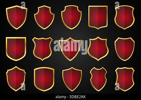 Goldene Abzeichen. Verschiedene Formen heraldische Elemente, leere Etiketten, luxuriöse Metallgegenstände, Wappen Mäntel Design-Ikonen. Schutzsymbol Stock Vektor