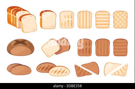Cartoon Toasts. Verschiedene Arten von in Scheiben geschnittenen Backwaren, Roggen, Vollkorn- und Weizenmehl, geröstete, geschnittene Brotstücke, traditionell Stock Vektor