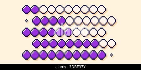 Ein Satz pixelvioletter Ladebalken für Spiele. Stock Vektor