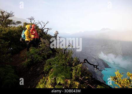 Wunderschöner einsamer Baum am Rand des Vulkans ijen (Kawah Ijen) mit blauem Säuresee und Schwefelgas aus dem Krater bei Sonnenaufgang, Java indonesia Stockfoto