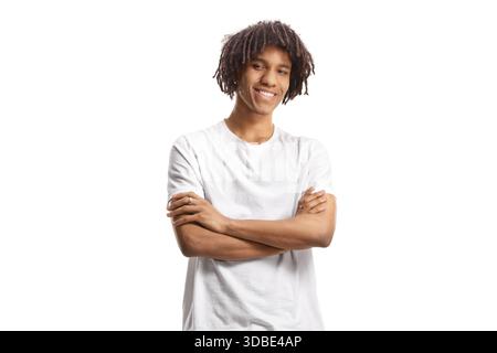 Junger afroamerikanischer Mann mit Dreadlocks, der isoliert auf weißem Hintergrund steht und lächelt Stockfoto