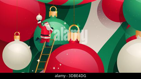 Weihnachtsmann Weihnachtsdekoration festliche Szene mit Ornamenten Santa Claus auf Leiter hängende Kugeln rot grün Gold funkelndes Hintergrund Feiertagskonzept Stock Vektor