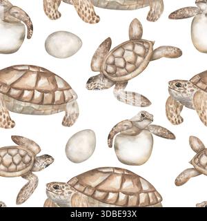Aquarell handgemalt Seetiere nahtloses Muster, Schildkröte wiederholendes Muster, Ozean wildes Leben Hintergrund Stockfoto