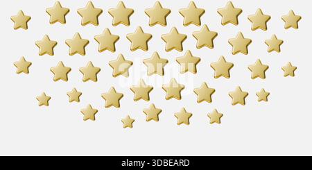 Goldener 3D-Stern auf weißem Hintergrund. Goldene Sternsymbole für Rezensionen, Auszeichnungen und Feedback. Premium-Sterne für Bewertungssysteme, Qualitätssiegel, Erfolge und Stock Vektor