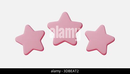 Pinkfarbenes 3D-Sternsymbol auf weißem Hintergrund zur Bewertung und Bewertung des Designs. Rosafarbene Sternelemente zeigen fünf Sterne, Qualität und Feedback, ideal für Stock Vektor