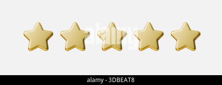 Symbol für die 3D-Bewertung mit goldenen Sternen isoliert auf weißem Hintergrund für Überprüfungs- und Feedback-Konzepte. Die Gold-Sterne-Bewertung zeigt eine 5-Sterne-Bewertung Stock Vektor
