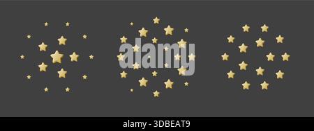 Goldener Sternrahmen auf dunklem Hintergrund, goldener Sternrahmen aus goldenen 3D-Sternen in einem Kreis angeordnet. Festlicher goldener Sternrahmen für Auszeichnungen, Bewertungen, Bewertungen Stock Vektor