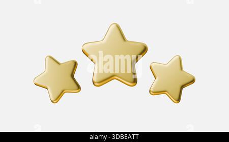 Goldene 3D-Sternsymbole auf weißem Hintergrund zur Bewertung und Überprüfung von Konzepten. Goldene Sternsymbole stehen für fünf Sterne Bewertung, Qualität, Feedback und Stock Vektor
