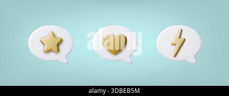 3D-Sprechblasen mit Blitzen und goldenen Sternen, Herz. Hochglänzende Chat-Symbole für Messaging-Apps, Benachrichtigungen in sozialen Medien und Moderne Stock Vektor
