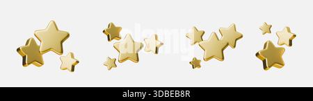 Goldene 3D-Sternsymbole auf weißem Hintergrund zur Bewertung und Überprüfung von Konzepten. Die Gold-Sterne-Bewertung zeigt Symbole für fünf-Sterne-Auszeichnungen, Bewertungen, Feedback Stock Vektor