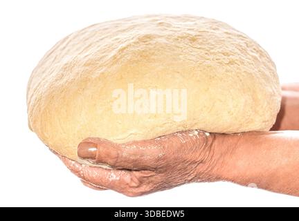 Hände, die den Teig zum Backen bereit halten, Nahaufnahme. Hände, die einen fertigen, sauberen Teig halten Stockfoto