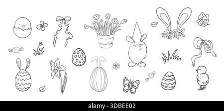 Frühlingskorb mit Blumen, Eiern und Bögen. Hühner, Blätter skizzenhafte freie Hand Frühlingsstrauß. Süßes Osterset. . Vektorabbildung Stock Vektor