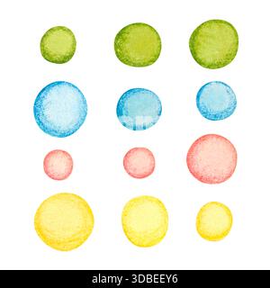 Set aus farbigen Kreisen, volkstümlichen, dekorativen Elementen. Handgezeichnete Aquarellillustration, Zeichentrick. Kreis, gelb, blau, grün, rosa, Pflanze, Dekoration Stockfoto