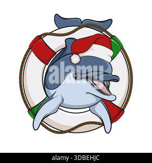 Farbige Illustration mit Delfin in rotem Weihnachtsmütze mit Rettungsboje. Isoliertes Vektorobjekt auf weißem Hintergrund. Stock Vektor