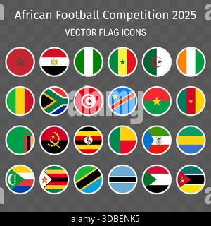 Afrikanischer Fußballwettbewerb 2025 Vektorflaggensymbole. Runde Nationalmannschaftsabzeichen mit weißen Rändern auf kariertem Hintergrund Stock Vektor