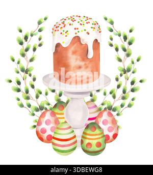 Osterkomposition von osterkuchen auf Standkuchen, Weiden und ostereiern. Aquarellabbildung. Für Stoff, Tapeten, Packpapier, Gruß Stockfoto
