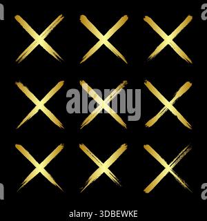 Goldene Grunge-Kreuze, Pinselstriche, Linien, Tintenflecken, handgezeichnete Kritzelformen. Handgemachte, skizzenhafte Markierungen, Acrylflecken, Holzkohlestreifen. Farbe Stock Vektor