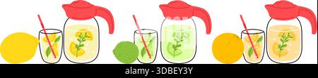 Limonadenkrug. Limetten- und Orangengetränk. Natürliche Vitamingetränkekanne. Erfrischender Sauereiscocktail. Mojito-Glas mit Strohhalm und Minze. Sommer Fruits ju Stock Vektor