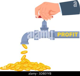Businessmans Hand öffnet den Hahn mit Goldmünzen. Der Mensch macht Gewinn. Finanzieller Erfolg. Passiver Einkommenshahn. Geschäftsvorteile. Wohlstandsfluss. Finanzgewinne Stock Vektor
