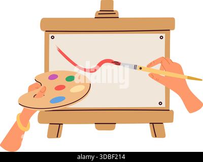 Hand mit Pinsel und Farbpalette. Bildgemälde auf Leinwand. Malerarm. Kunstwerk auf Holzstaffelei. Kreatives Hobby. Künstlerisches Studio. Art edu Stock Vektor