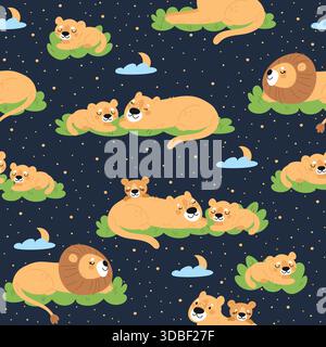 Cute sleeping lions and little cubs. Resting wild animals. Savannah seamless pattern. Cartoon leo pride. King of beasts. Predator family relax. Safari Stock Vektor