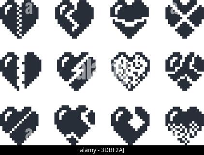 Gebrochenes Pixelherz. 8-Bit-brochene Liebe. Geteilt und Risse. Computergrafikformen. Pixelierte Liebende mit Rissen. Gaming-Lebensschaden. Vektorset Stock Vektor