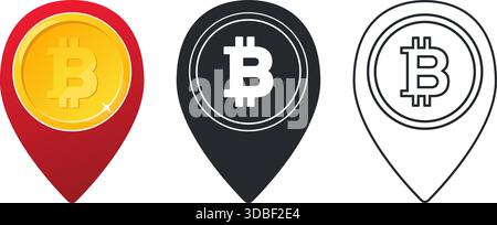 Bitcoin-Kryptowährung innerhalb des Geotags. Bitcoin-Positionssymbole. Pin zuordnen. GPS-Navigation. Krypto-Börsenaktien. Handel mit Kryptowährungen. Silhouette, Farbe Stock Vektor