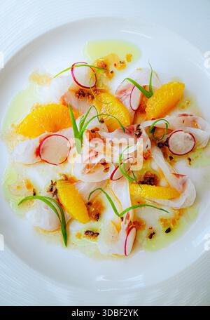 Fisch-Ceviche liegt auf einer Keramikplatte, garniert mit Orangensegmenten und dünn geschnittenen Rettichen. Grüne Zwiebeln und Pfeffer sind verstreut. Stockfoto
