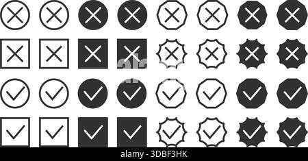Schwarzes Kreuz und Häkchen für die Auswahl von Abstimmungen oder Antworten. Symbole für Untersuchungen, Tests und Fragebögen. Universelle Elemente, Vektorgrafiken Stock Vektor