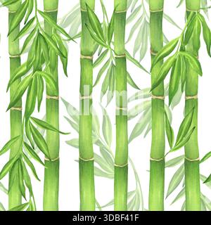 Nahtloses Muster mit grünen Bambusstämmen und Hintergründen. Chinesisches Gartenklipart. Bambushain. Handgezeichnete Aquarellillustration für den Asiaten Stockfoto