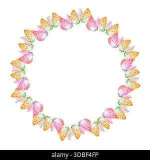 Schmetterlingskranz. Aquarellabbildung. Für Stoff, Tapeten, Packpapier, Grußkarten, Design, Dekoration und Illustration. Stockfoto