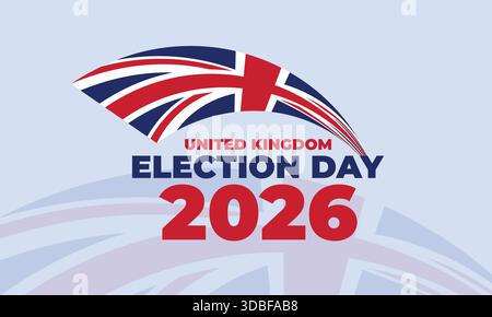 Das Banner des Minimal united Kingdom Wahltages 2026 zeigt die patriotische britische Flagge für demokratische Wahlen und politisches Bewusstsein Stock Vektor