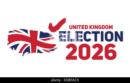 Einfaches Banner zur Wahl des vereinigten Königreichs 2026 mit patriotischem Häkchen, das Wahlrecht und Demokratie symbolisiert Stock Vektor
