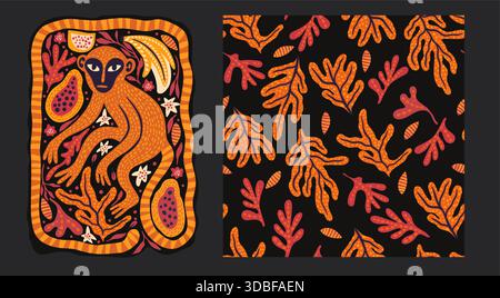 Wunderlicher Affe Exotische Vintage Nahtlose Muster Hintergrund Tropischer Dschungel Poster Set Wild Boho Vektor Sammlung Stock Vektor