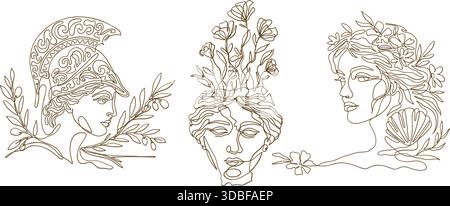 Griechische Göttin Antike Mythologie Ole Line Athena Demeter Aphrodite Vektor Set Line Art Stock Vektor